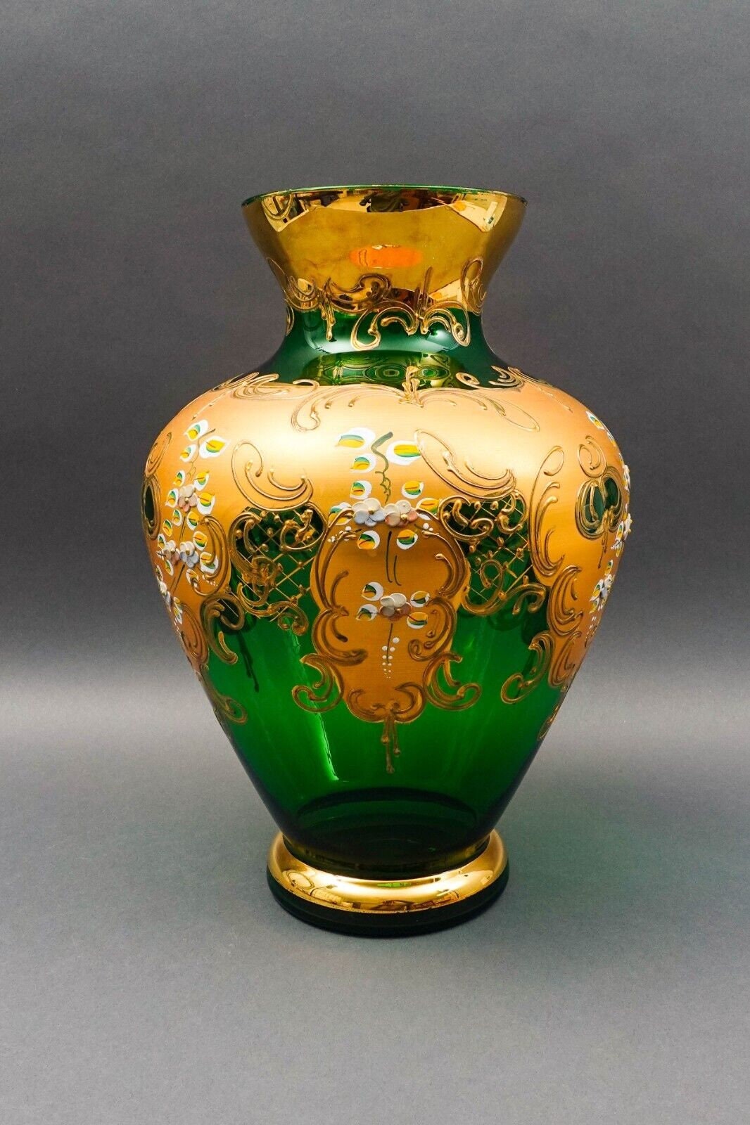 Tre Fuochi Italian Venetian Murano Glass Bohemian Emerald Green Gold Floral Vase