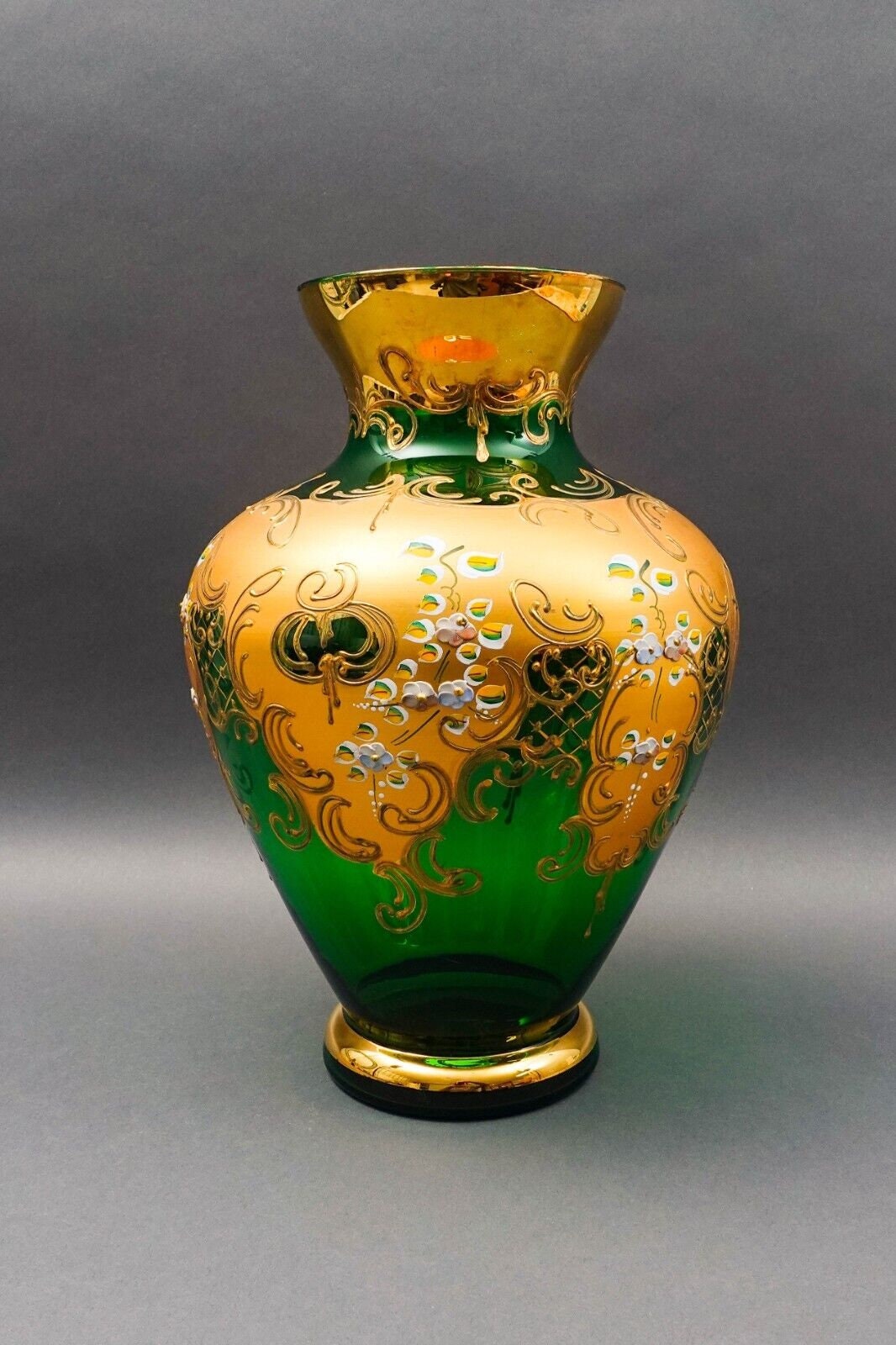 Tre Fuochi Italian Venetian Murano Glass Bohemian Emerald Green Gold Floral Vase