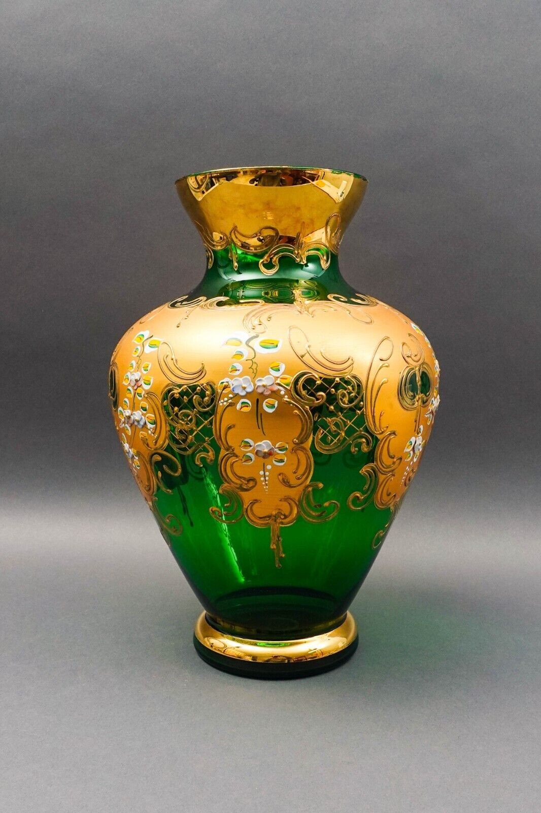 Tre Fuochi Italian Venetian Murano Glass Bohemian Emerald Green Gold Floral Vase