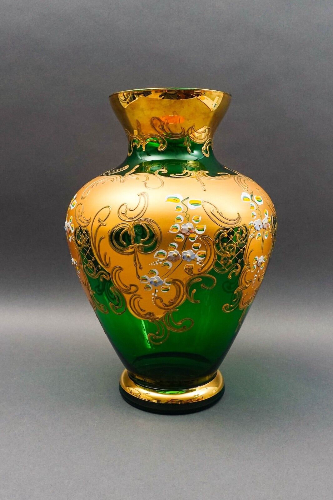 Tre Fuochi Italian Venetian Murano Glass Bohemian Emerald Green Gold Floral Vase