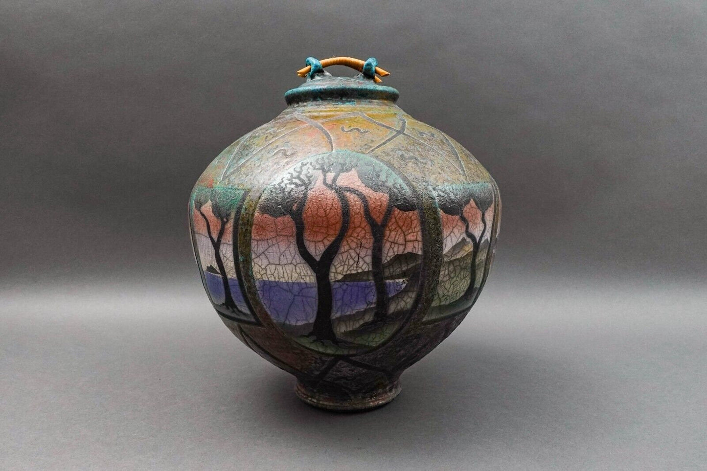 Ken Jensen 1998 Signed Large Landscape Scene Raku Pottery Covered Vessel Pot Jar