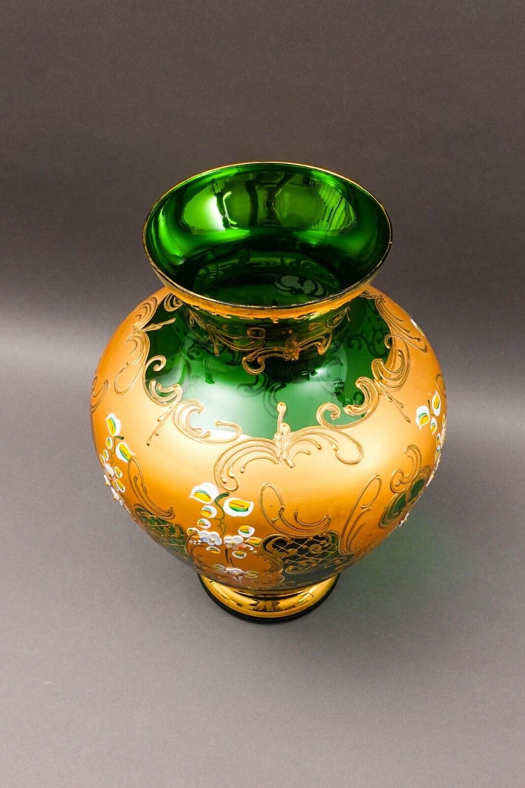 Tre Fuochi Italian Venetian Murano Glass Bohemian Emerald Green Gold Floral Vase