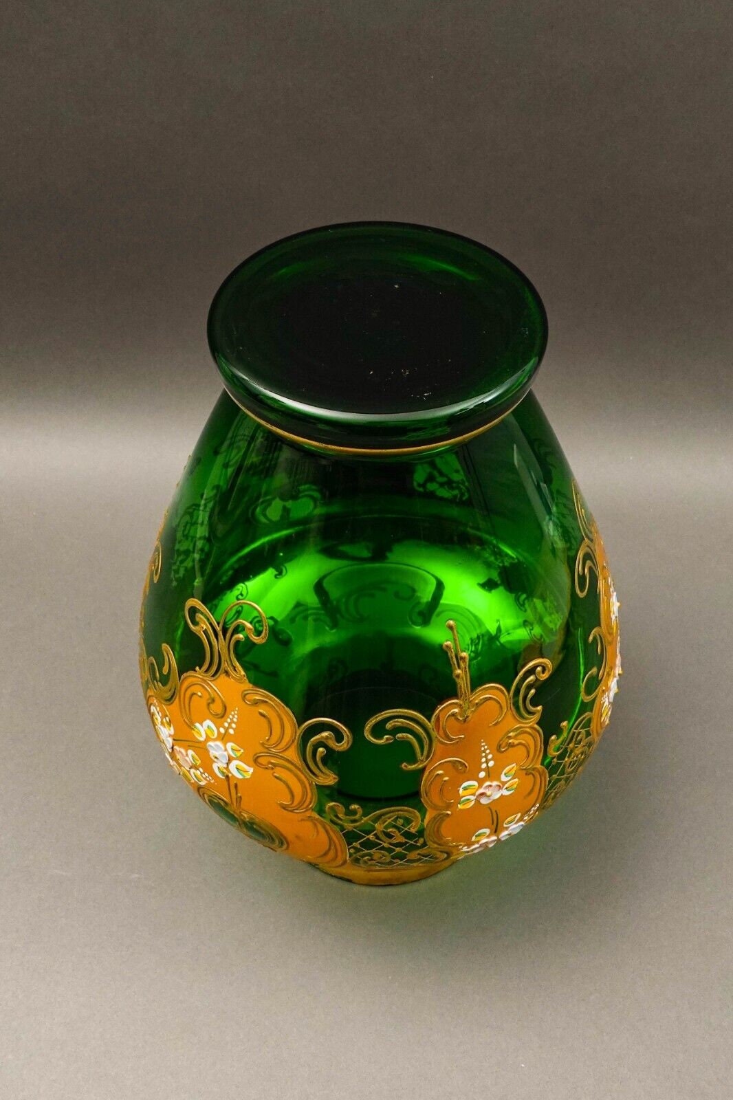 Tre Fuochi Italian Venetian Murano Glass Bohemian Emerald Green Gold Floral Vase