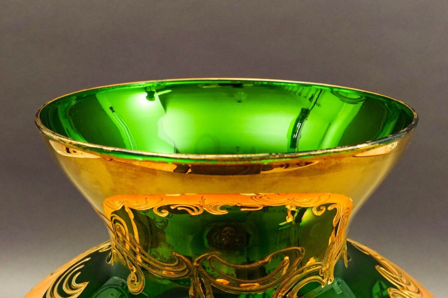 Tre Fuochi Italian Venetian Murano Glass Bohemian Emerald Green Gold Floral Vase