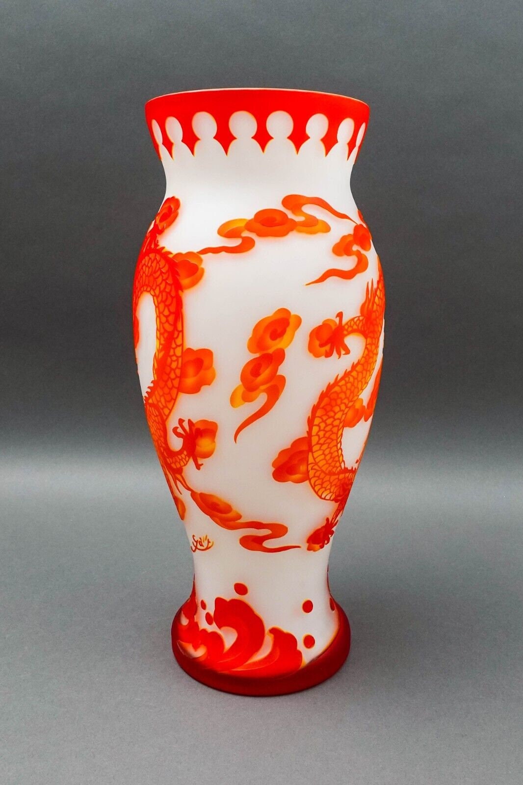 Large Galle Style Reproduction Flame Asian Dragon Cameo Peking Art Glass Vase