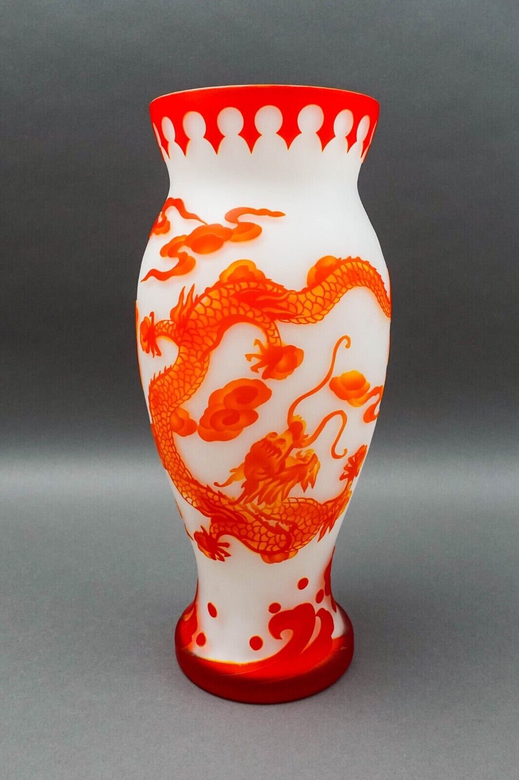 Large Galle Style Reproduction Flame Asian Dragon Cameo Peking Art Glass Vase