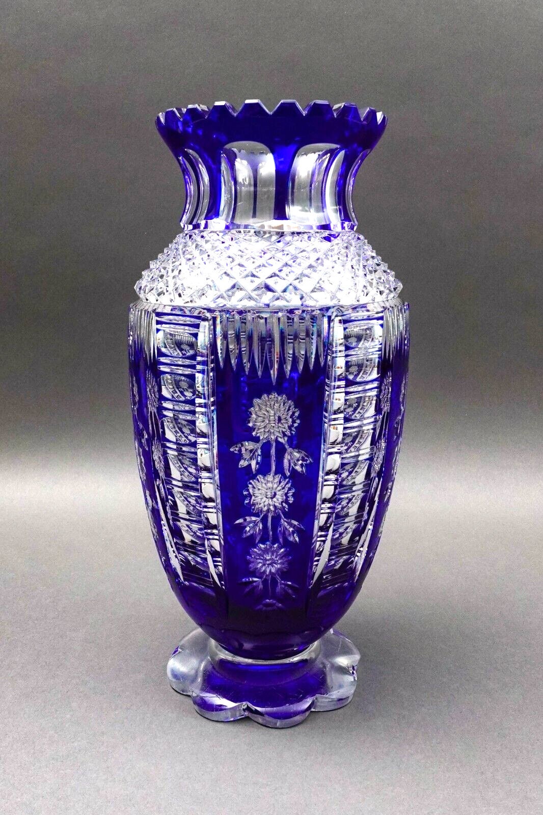 Bohemian Czech Cobalt Blue Cut To Clear Crystal Vase With Sawtooth Rim 12 1/2"