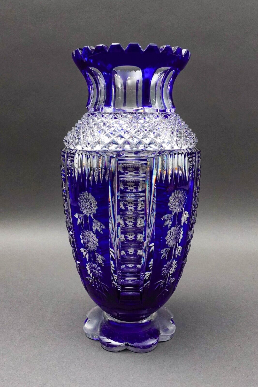 Bohemian Czech Cobalt Blue Cut To Clear Crystal Vase With Sawtooth Rim 12 1/2"
