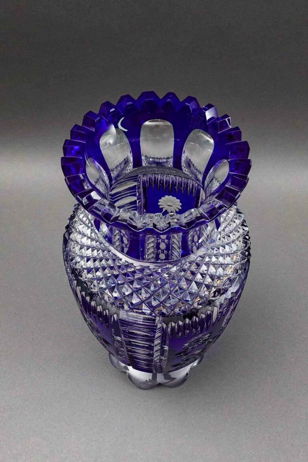 Bohemian Czech Cobalt Blue Cut To Clear Crystal Vase With Sawtooth Rim 12 1/2"