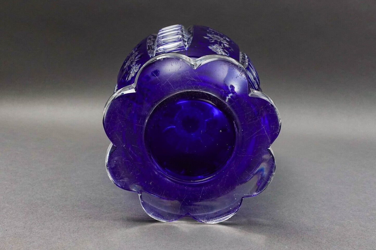Bohemian Czech Cobalt Blue Cut To Clear Crystal Vase With Sawtooth Rim 12 1/2"