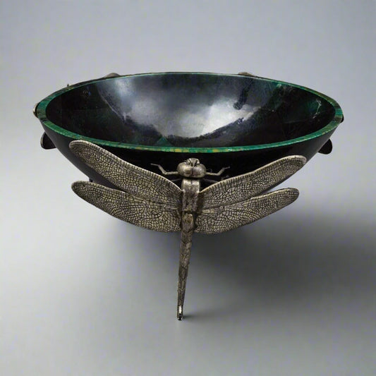 Objet Luxe UK Green Mosaic Oyster Shell & Silver Plated Dragonfly Bowl Large