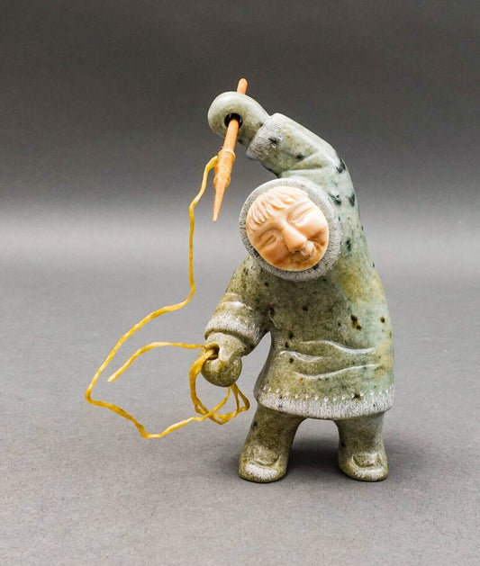 EddIe Lee Alaskan Soapstone Inuit Eskimo Spear Fisherman Art Figurine Sculpture