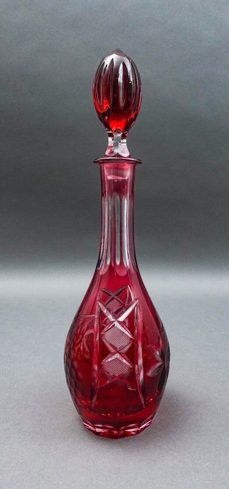 Natchtmann Bleikristall Crystal Germany Cranberry Cut To Clear Glass Decanter