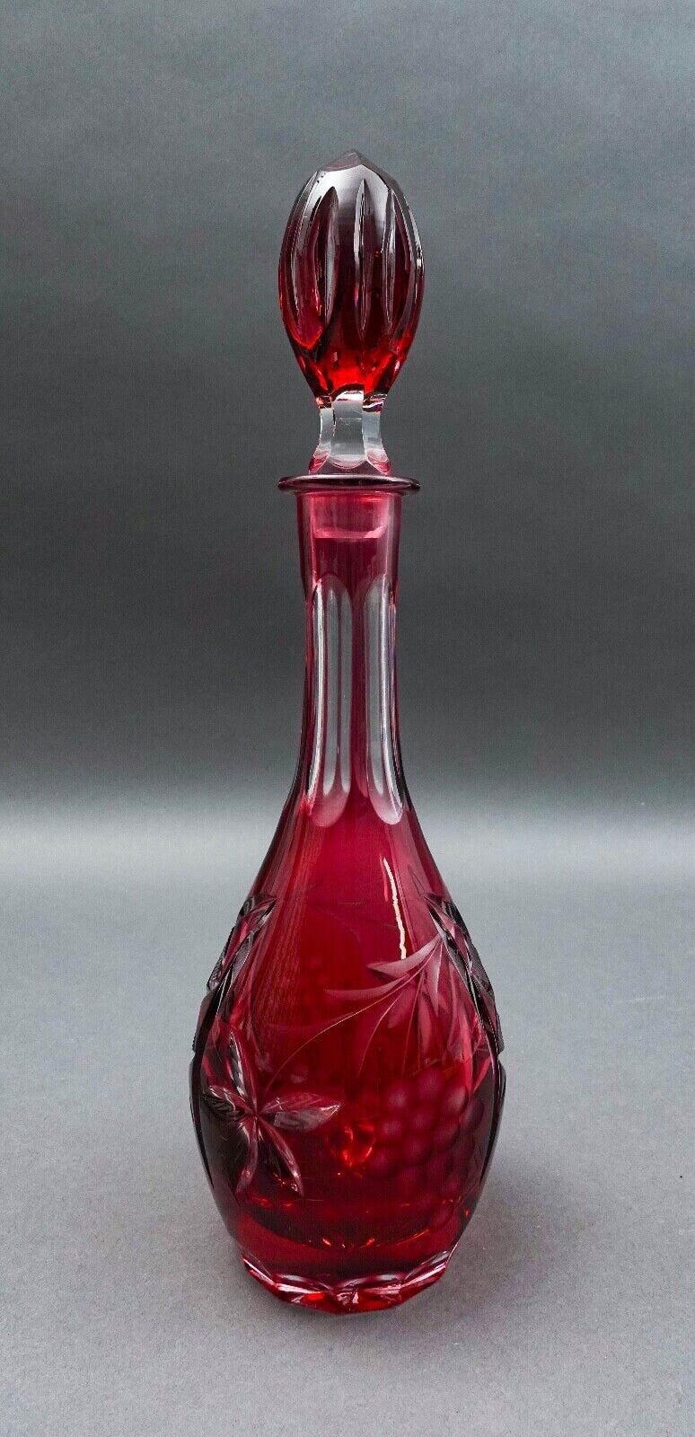 Natchtmann Bleikristall Crystal Germany Cranberry Cut To Clear Glass Decanter