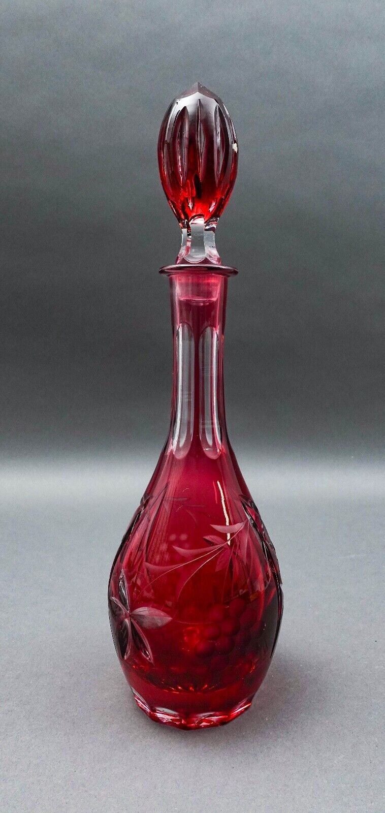 Natchtmann Bleikristall Crystal Germany Cranberry Cut To Clear Glass Decanter