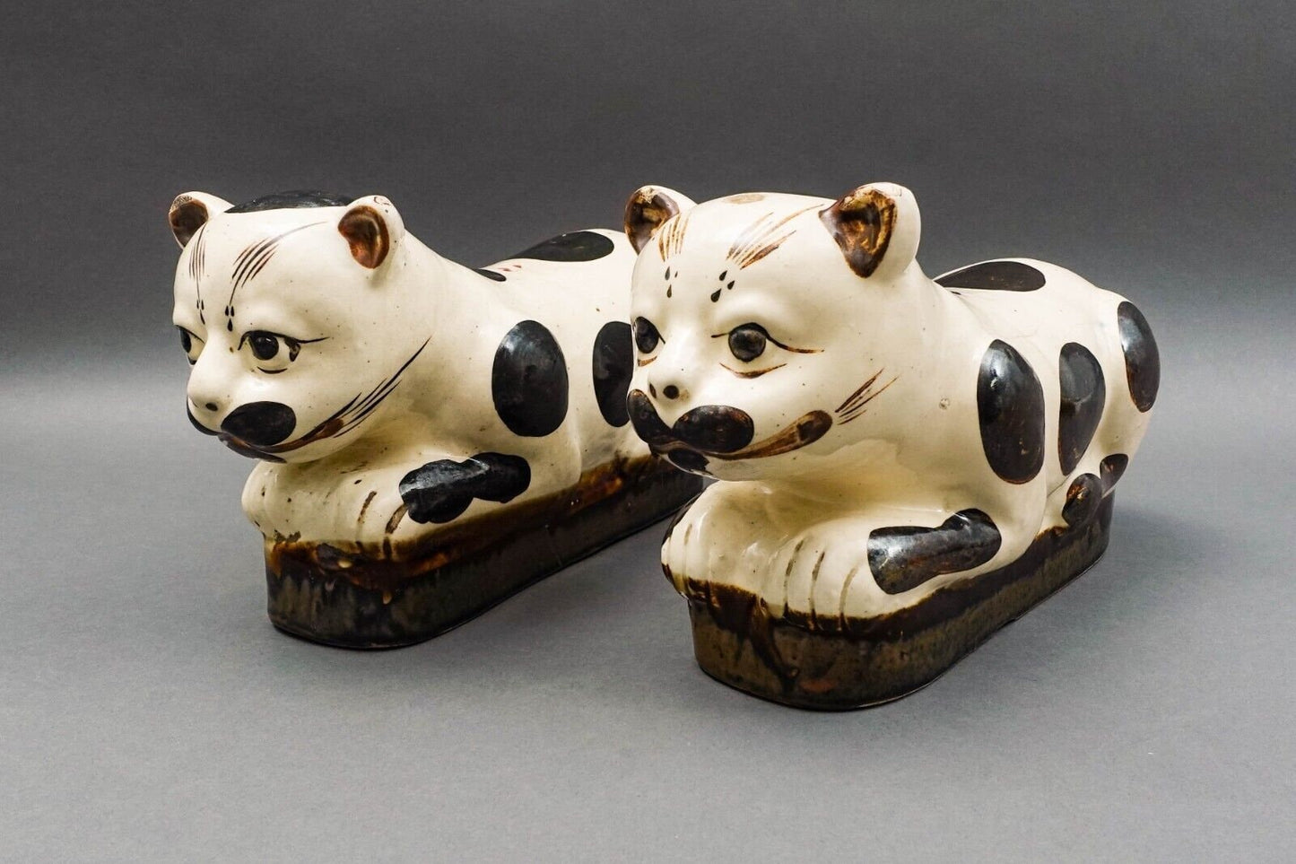 Antique Chinese Large Hand Painted Cat Cizhou Stoneware Pillow Headrest Pair