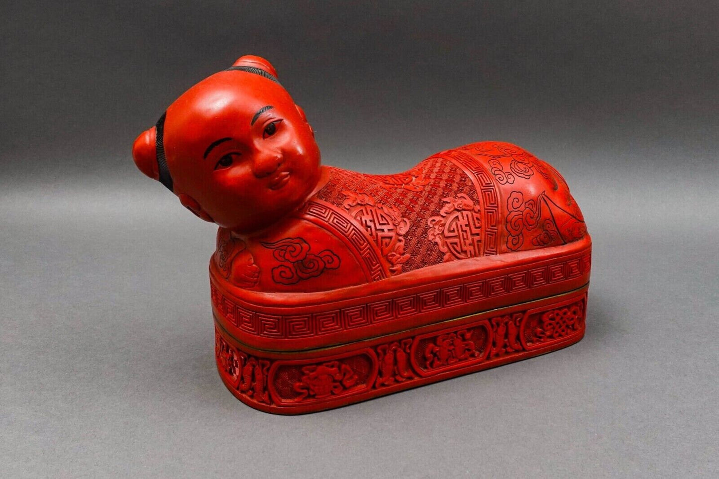 Antique Chinese Large Fine Carved Cinnabar Lacquer Boy Pillow Headrest Box Rare