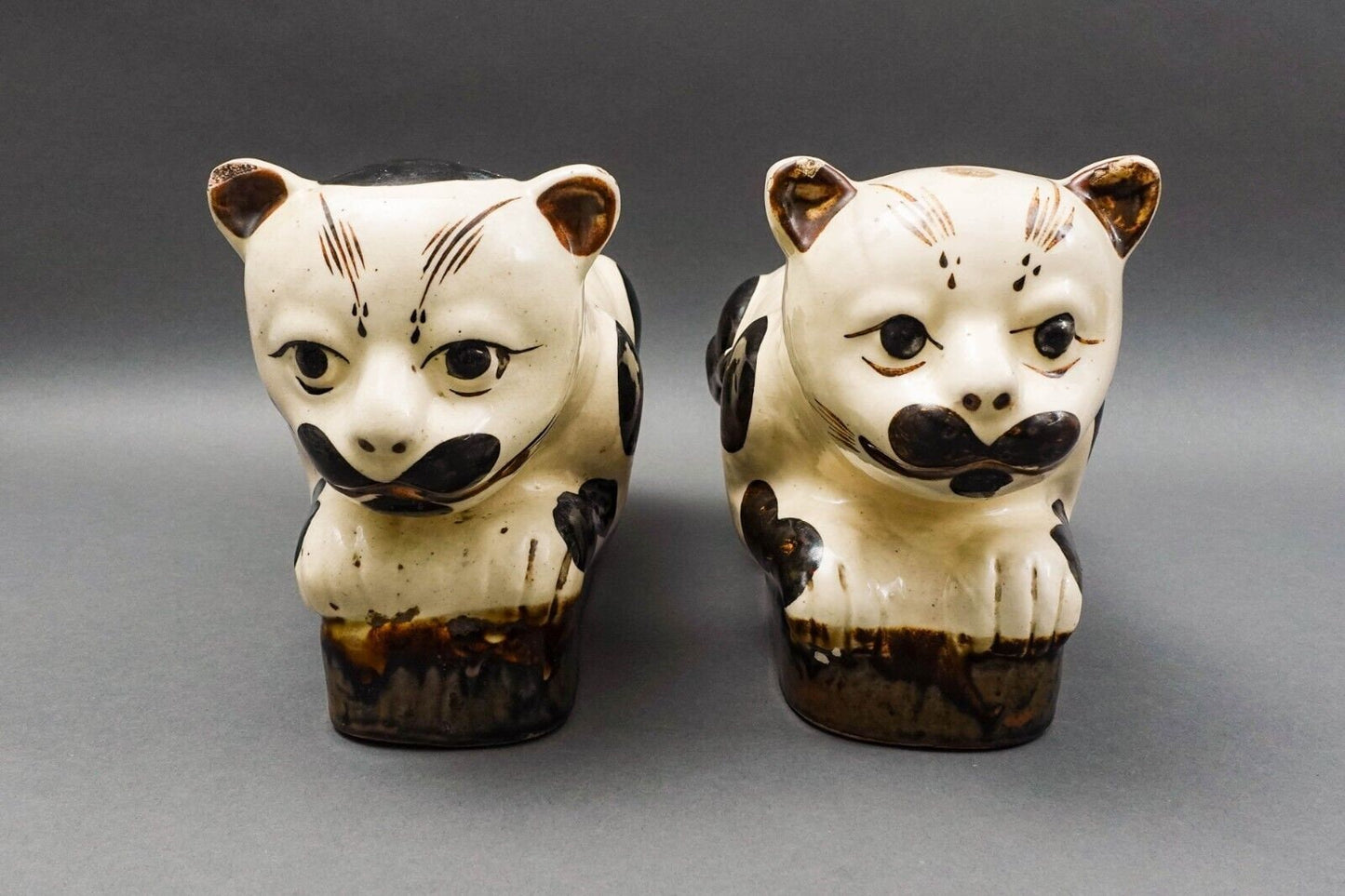 Antique Chinese Large Hand Painted Cat Cizhou Stoneware Pillow Headrest Pair