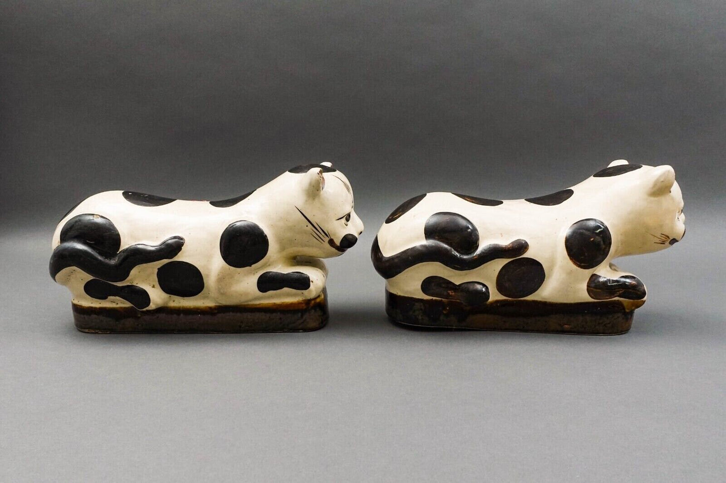 Antique Chinese Large Hand Painted Cat Cizhou Stoneware Pillow Headrest Pair