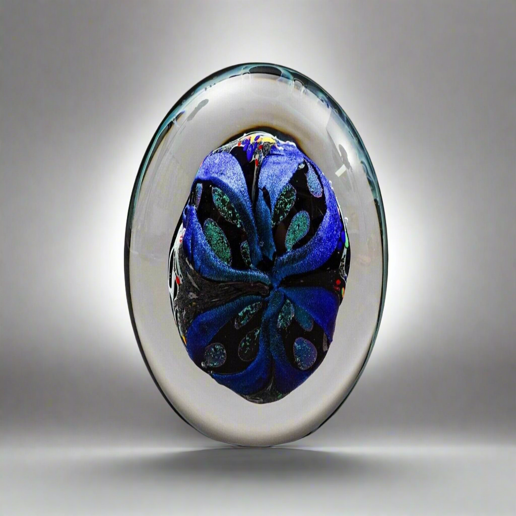 Rollin Karg 2001 Vintage Dichroic Hand Blown Art Glass Disc Sculpture 6"