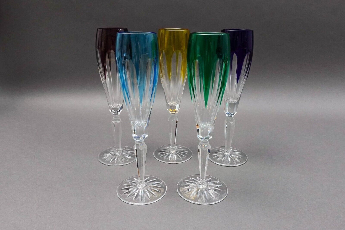 Faberge Crystal Lausanne Multicolored Champagne Flute Glasses Set Of 5