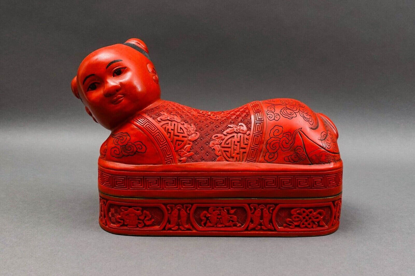 Antique Chinese Large Fine Carved Cinnabar Lacquer Boy Pillow Headrest Box Rare