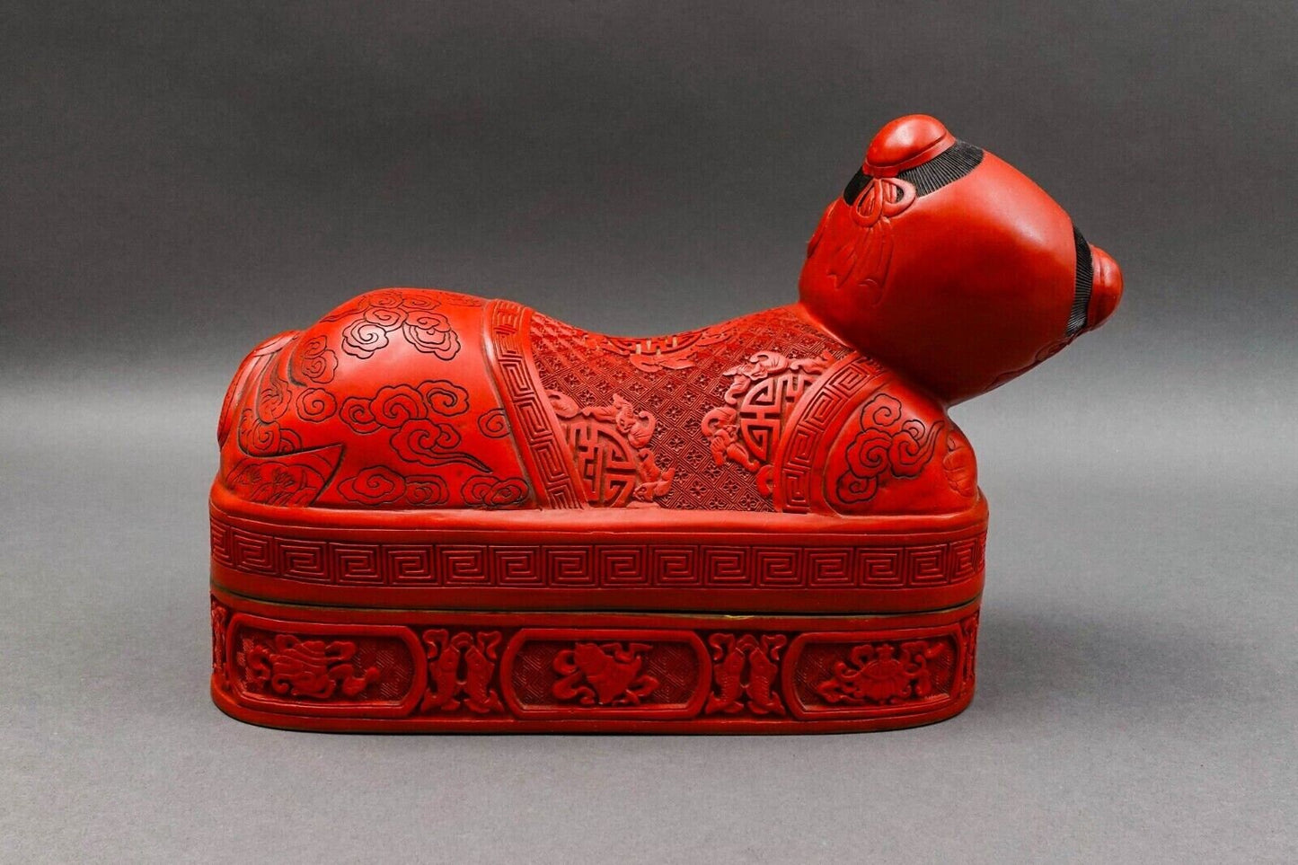 Antique Chinese Large Fine Carved Cinnabar Lacquer Boy Pillow Headrest Box Rare