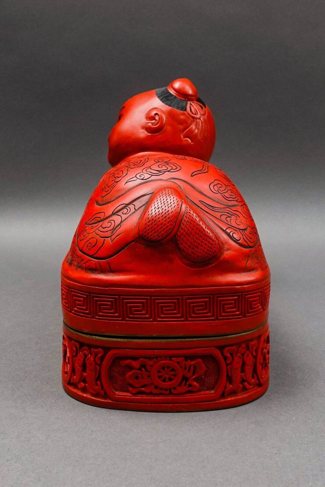 Antique Chinese Large Fine Carved Cinnabar Lacquer Boy Pillow Headrest Box Rare