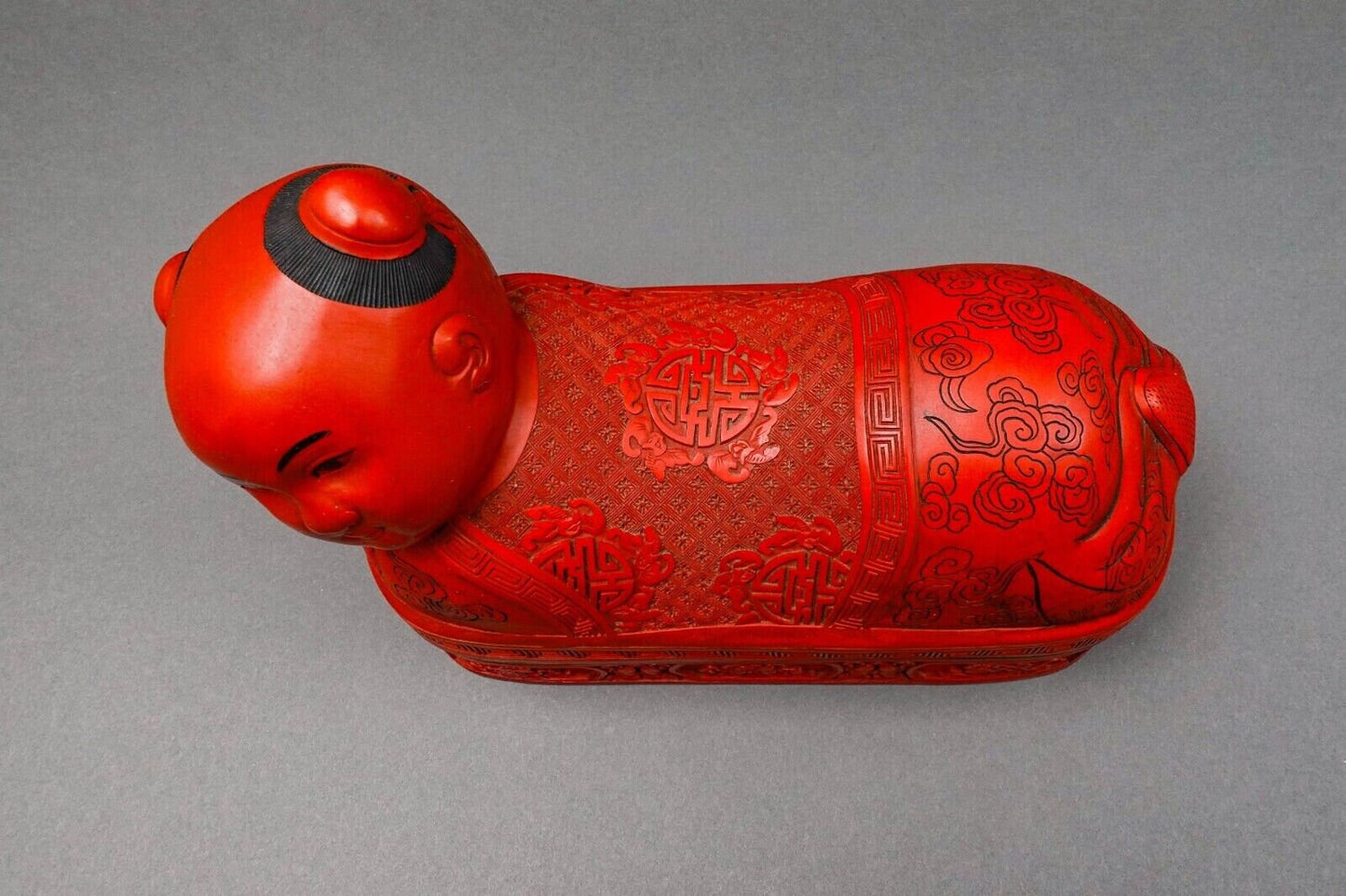 Antique Chinese Large Fine Carved Cinnabar Lacquer Boy Pillow Headrest Box Rare