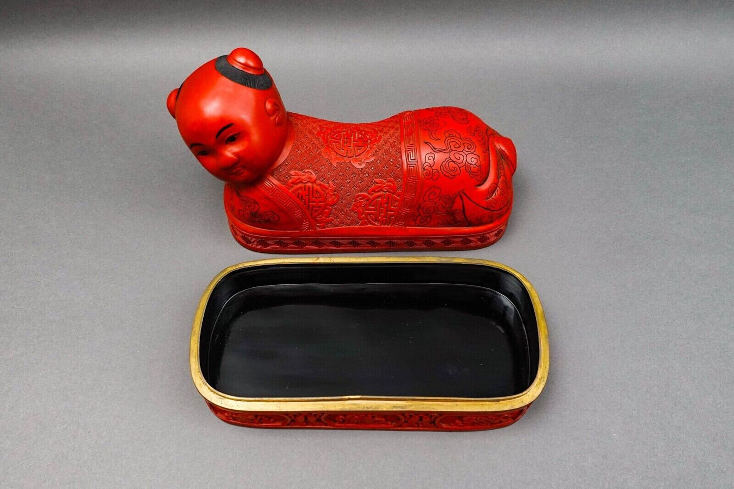 Antique Chinese Large Fine Carved Cinnabar Lacquer Boy Pillow Headrest Box Rare