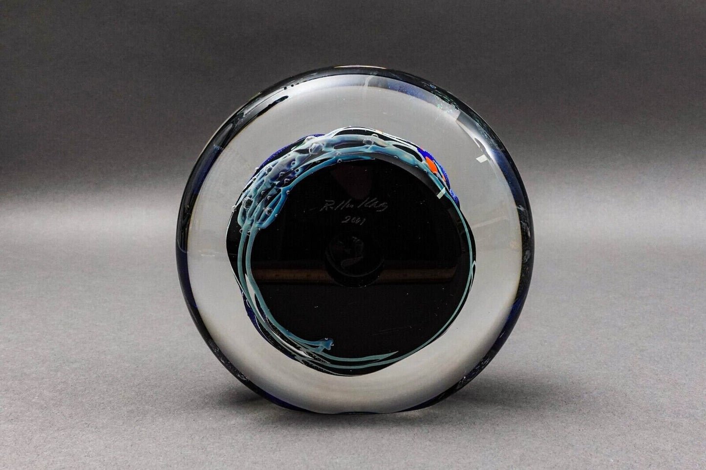 Rollin Karg 2001 Vintage Dichroic Hand Blown Art Glass Disc Sculpture 6"