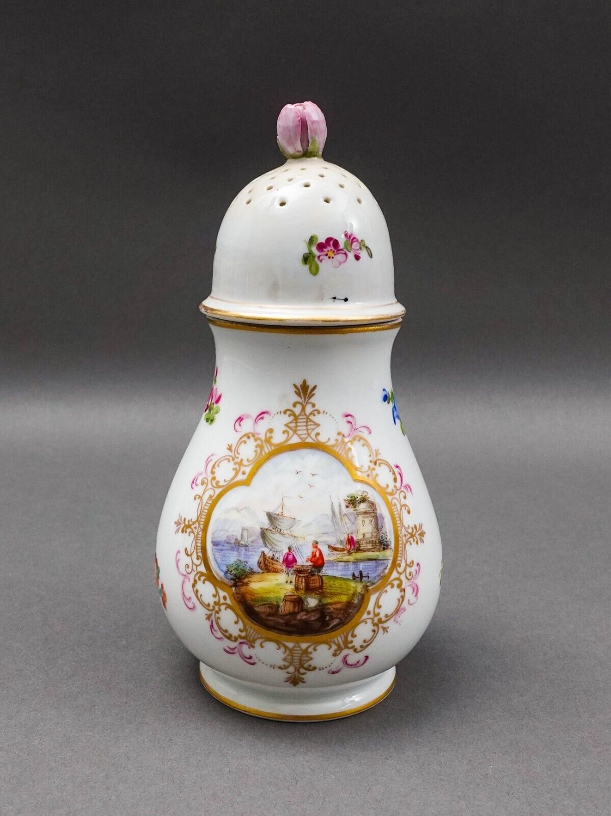 Antique Hand Painted Floral Porcelain Muffineer Sugar Shaker Caster (Read)