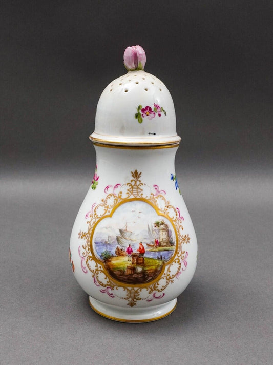 Antique Hand Painted Floral Porcelain Muffineer Sugar Shaker Caster (Read)