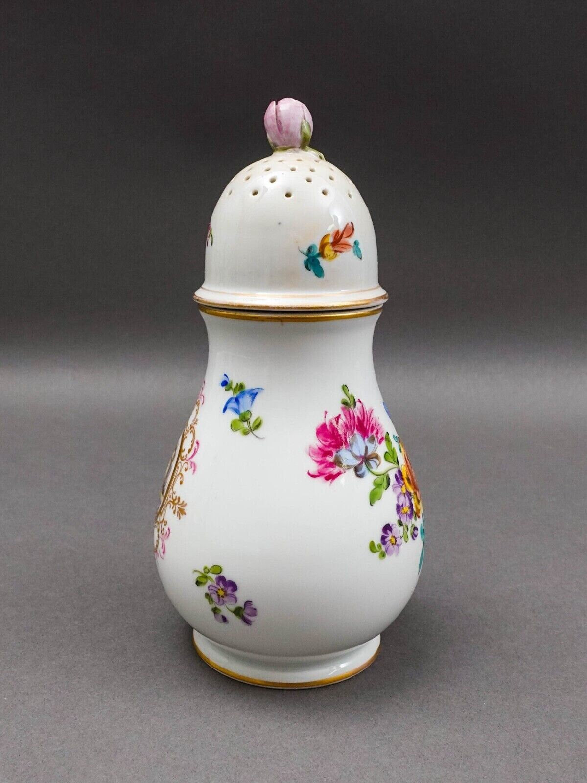 Antique Hand Painted Floral Porcelain Muffineer Sugar Shaker Caster (Read)