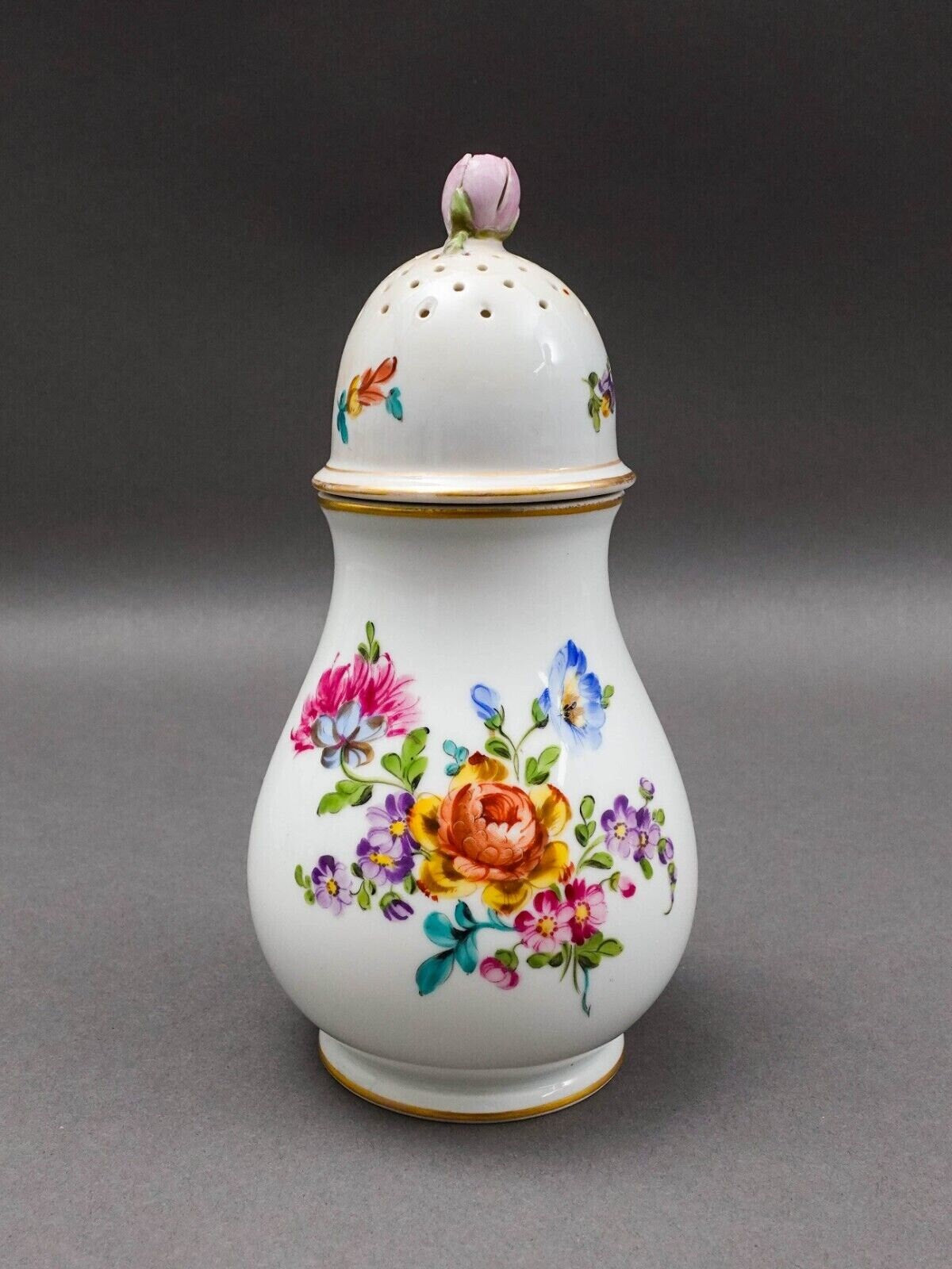Antique Hand Painted Floral Porcelain Muffineer Sugar Shaker Caster (Read)
