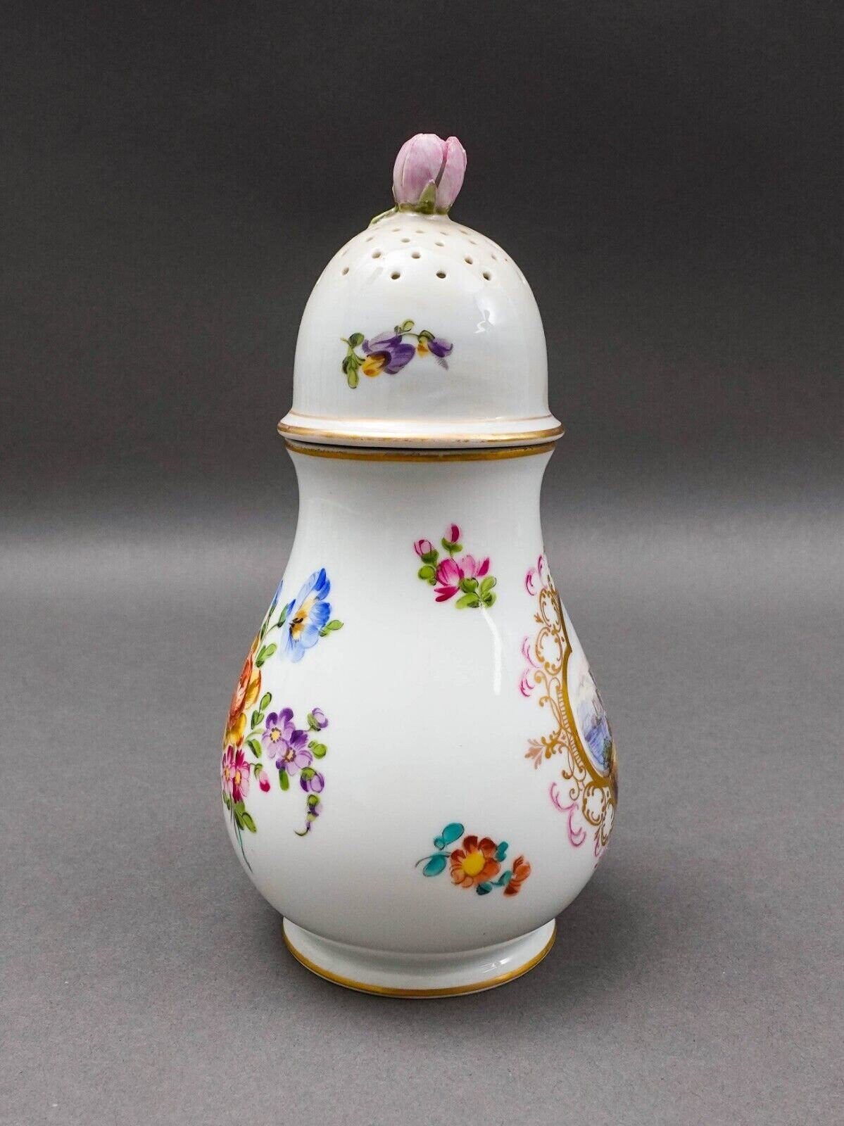 Antique Hand Painted Floral Porcelain Muffineer Sugar Shaker Caster (Read)