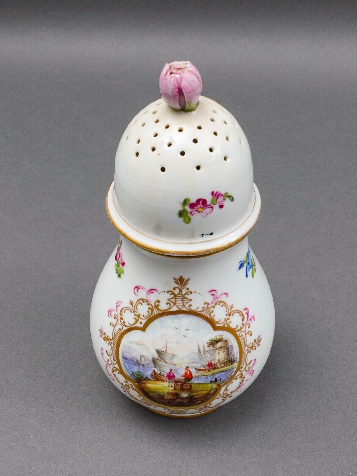 Antique Hand Painted Floral Porcelain Muffineer Sugar Shaker Caster (Read)