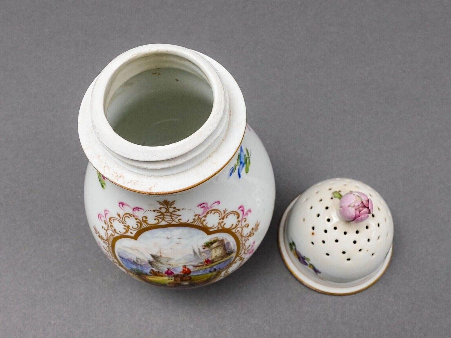 Antique Hand Painted Floral Porcelain Muffineer Sugar Shaker Caster (Read)