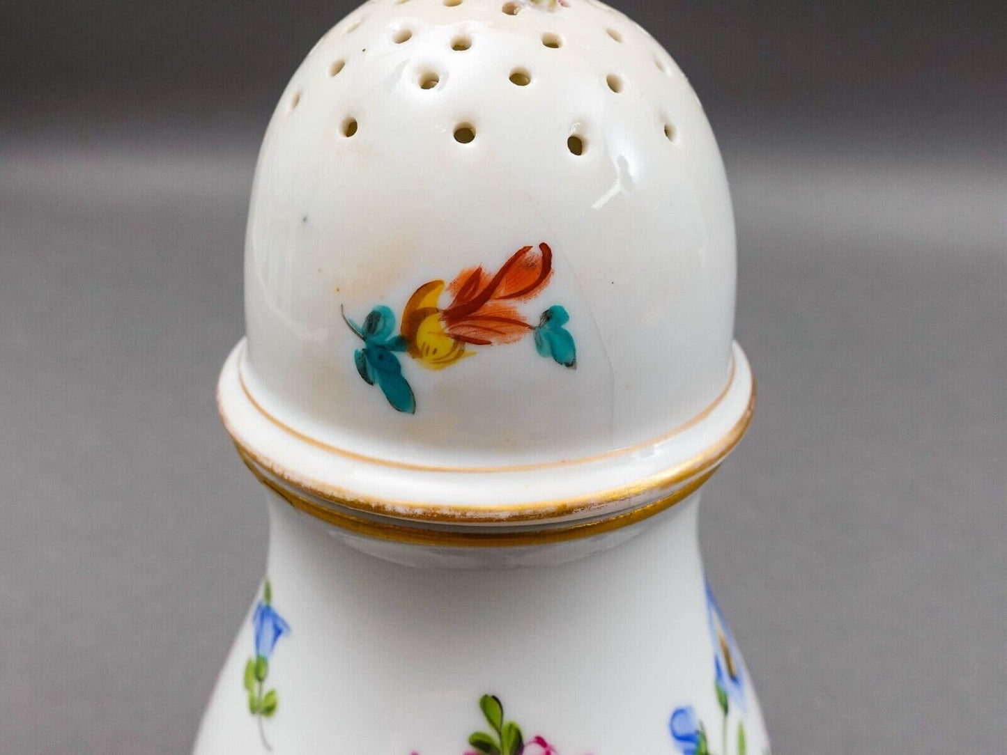 Antique Hand Painted Floral Porcelain Muffineer Sugar Shaker Caster (Read)