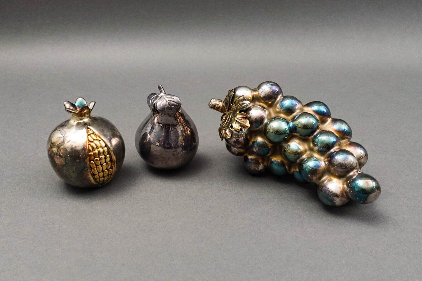 Lisham Art Israel .925 Sterling Silver Fruits Grape Pomegranate Pear Set Of 3