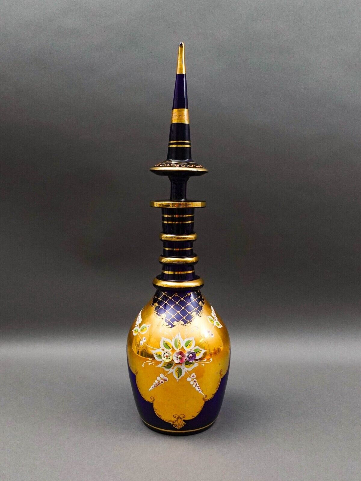 Bohemian Czech Cobalt Blue Hand Painted Floral Gold Gilt Glass Decanter 20 3/4"