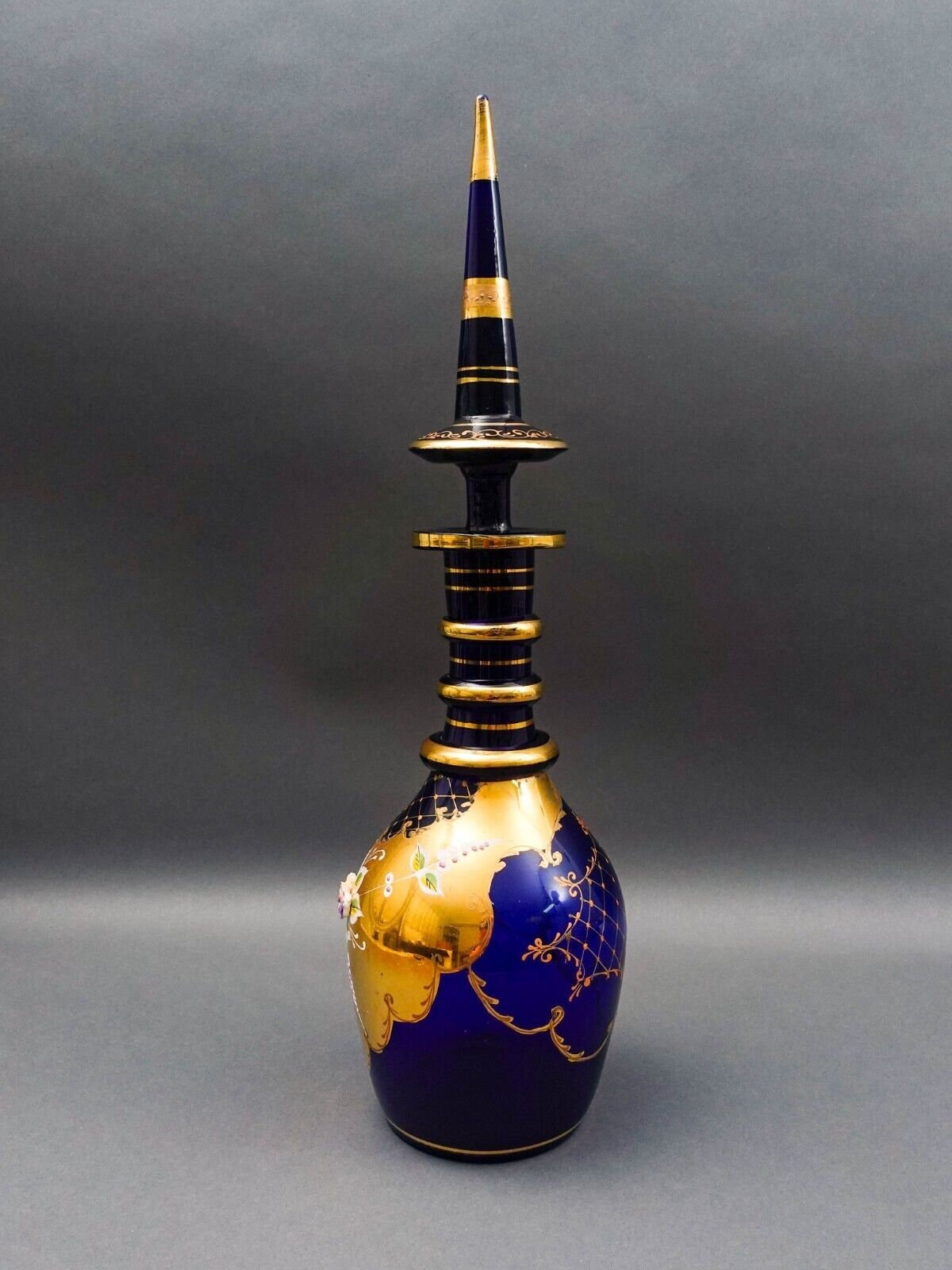 Bohemian Czech Cobalt Blue Hand Painted Floral Gold Gilt Glass Decanter 20 3/4"