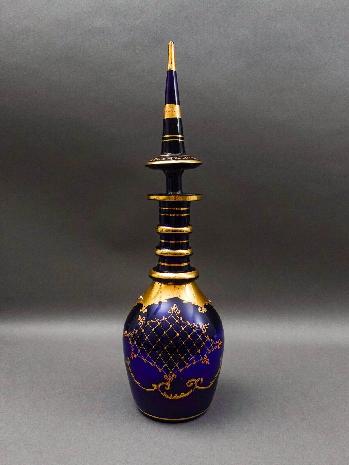 Bohemian Czech Cobalt Blue Hand Painted Floral Gold Gilt Glass Decanter 20 3/4"