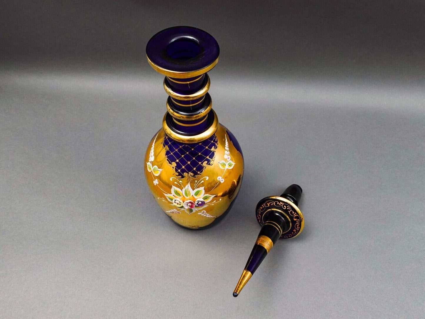 Bohemian Czech Cobalt Blue Hand Painted Floral Gold Gilt Glass Decanter 20 3/4"