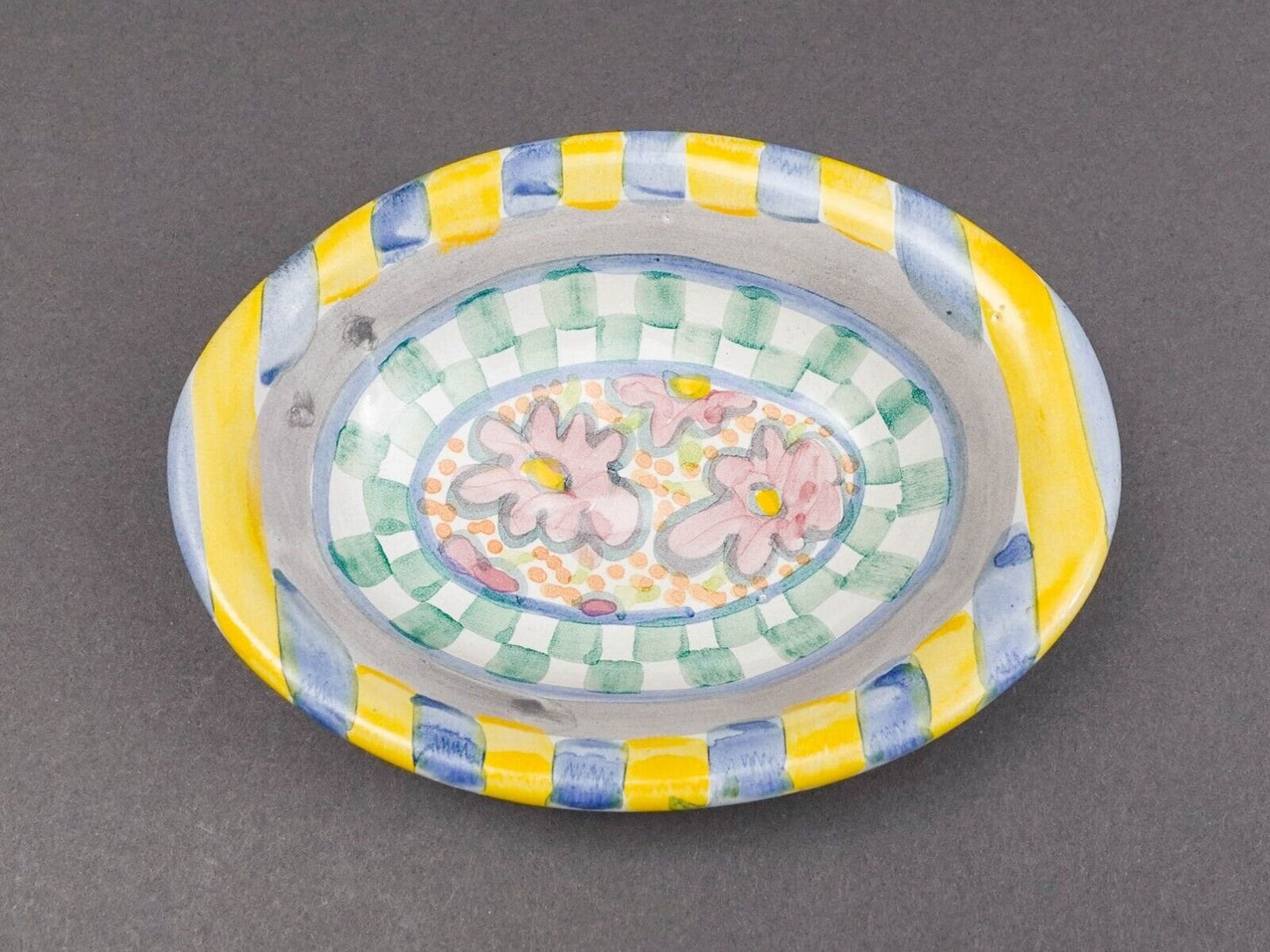 MacKenzie Childs Myrtle Floral Small Oval Trinket Soap Dish 6.25"