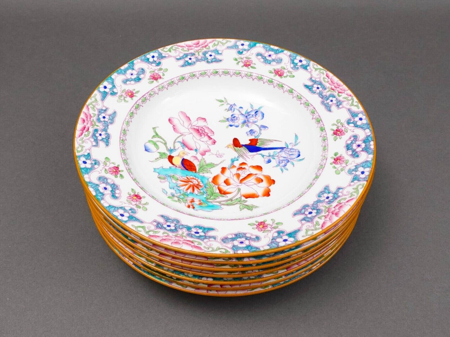 Minton England For Tiffany & Co. B894 Floral Bird Rimmed Soup Bowl Set Of 7