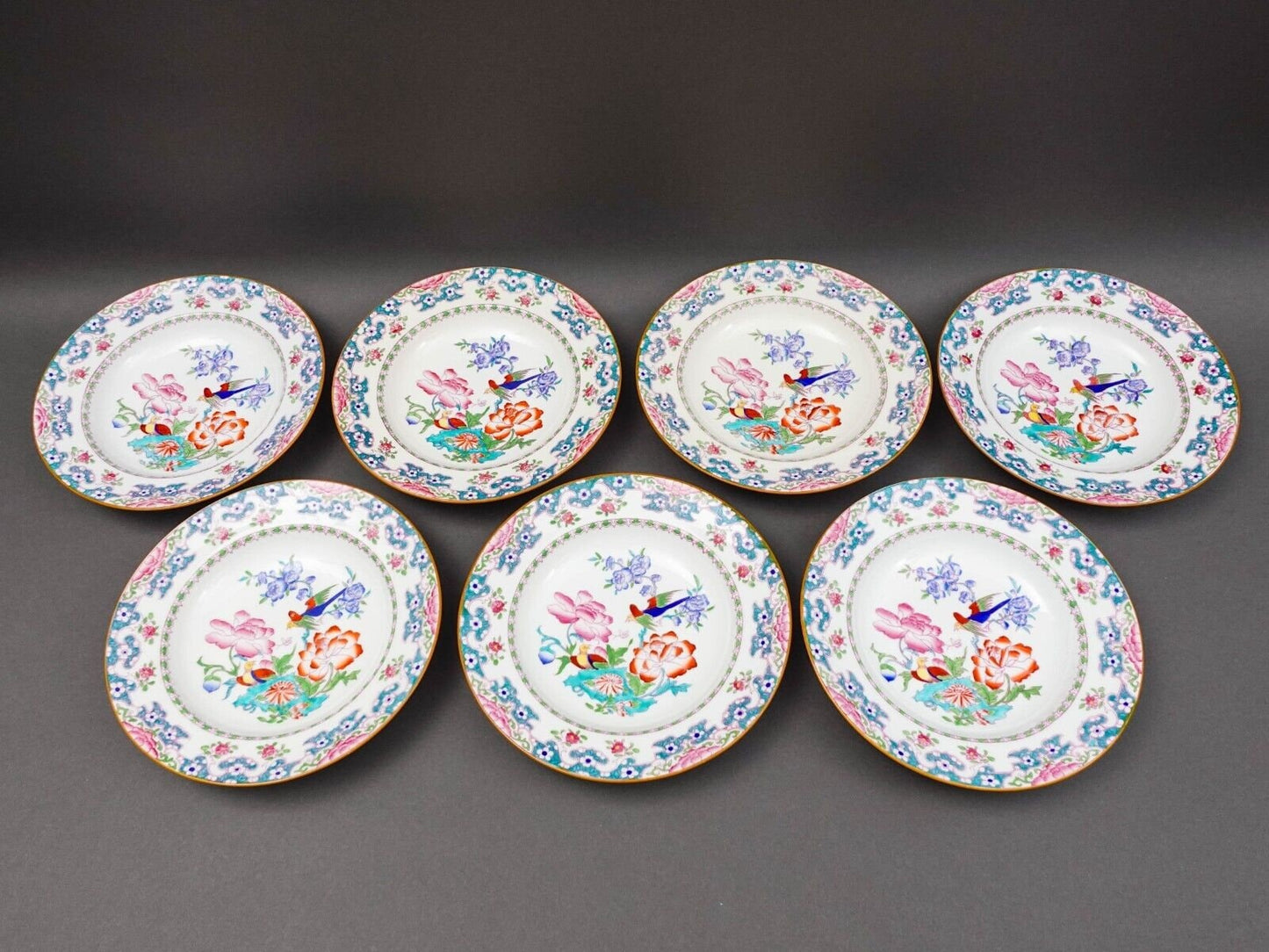 Minton England For Tiffany & Co. B894 Floral Bird Rimmed Soup Bowl Set Of 7