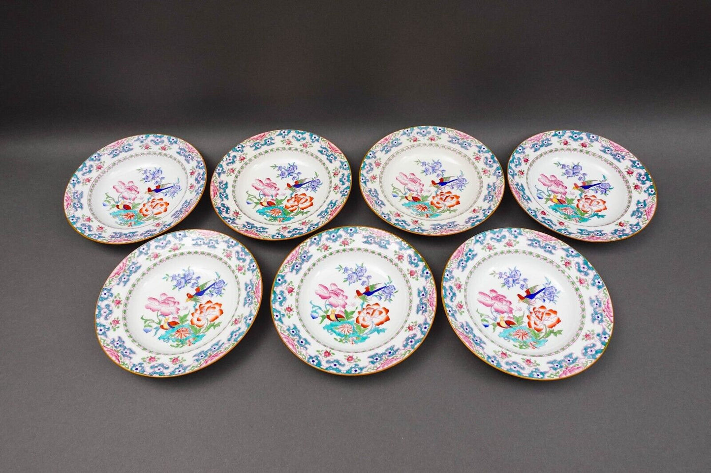 Minton England For Tiffany & Co. B894 Floral Bird Rimmed Soup Bowl Set Of 7