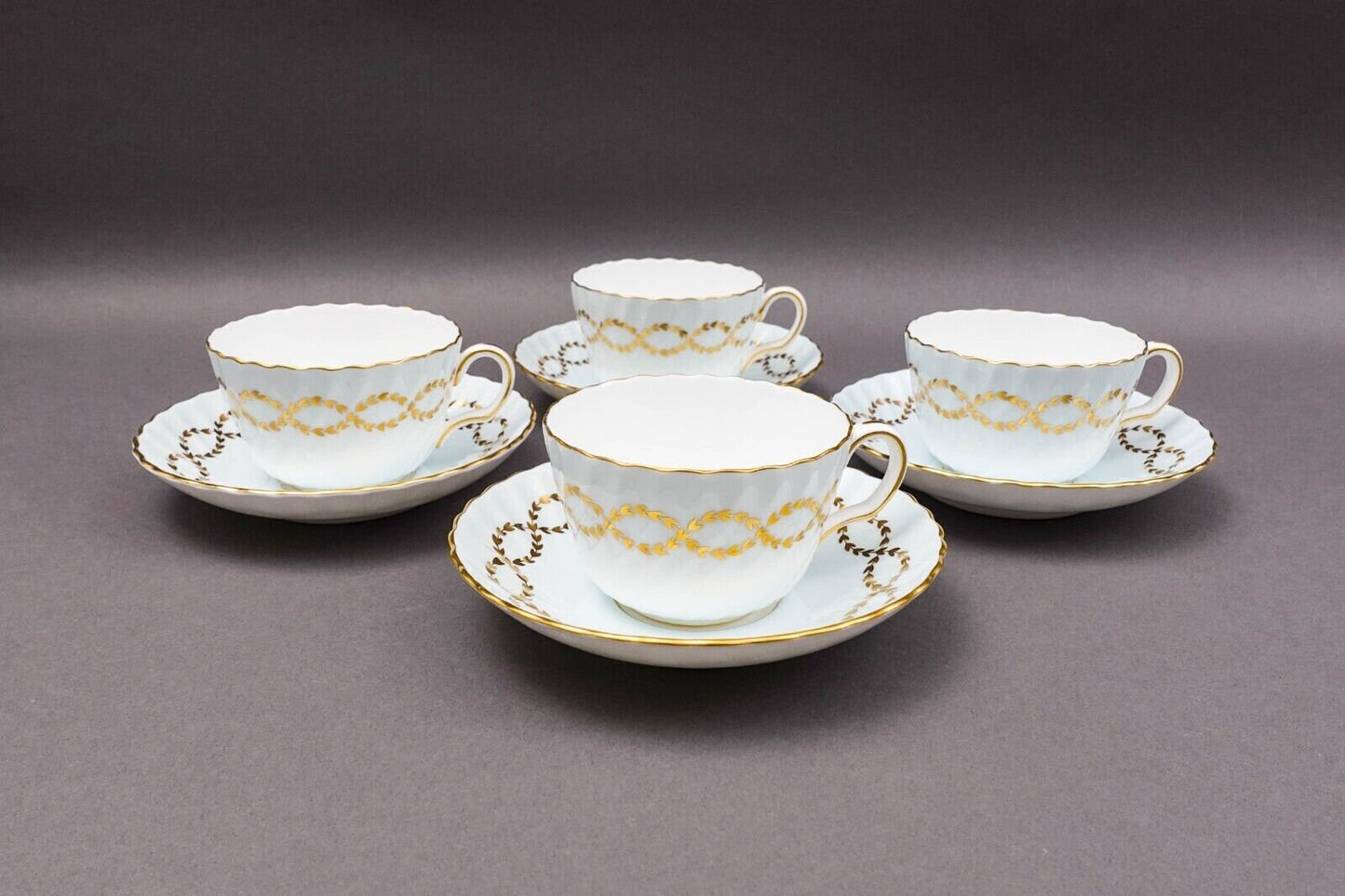 Minton England S600 Gold Laurel Leaves Light Blue Tea Cup & Saucer Set Of 4