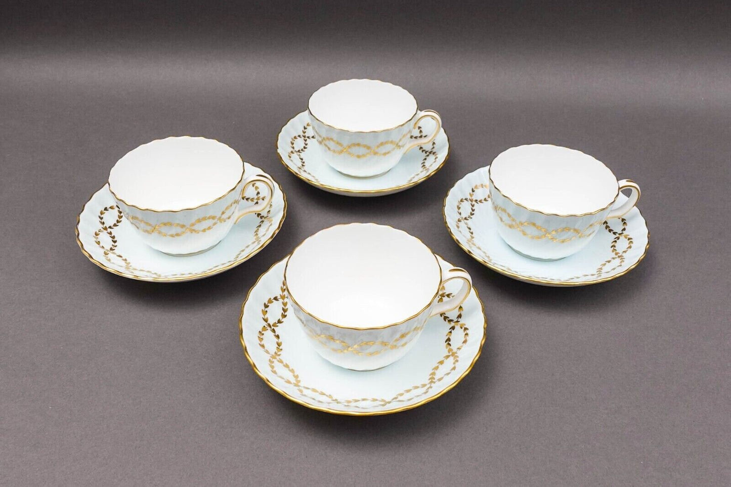 Minton England S600 Gold Laurel Leaves Light Blue Tea Cup & Saucer Set Of 4